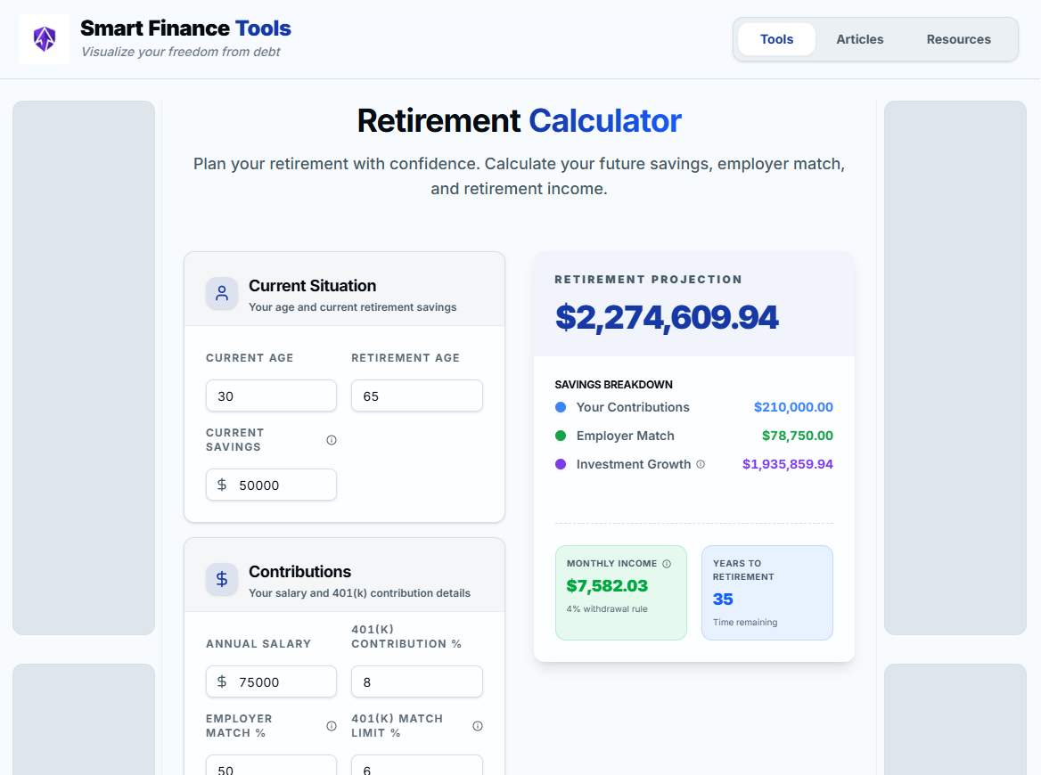 Retirement Calculator showing $2.2M projection with employer match